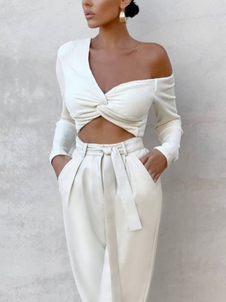 

Skinny Asymmetrical Neck Sexy Daily Top, White, Tops