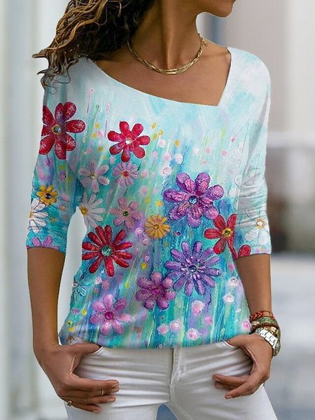 

Cotton Blends Asymmetrical Neck Floral Shirts & Tops, Multicolor, Tops