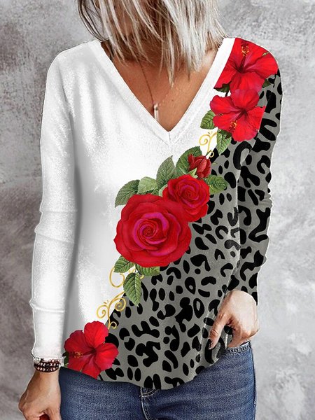 

Floral Leopard Printed V Neck Casual Loosen Shirts & Tops, As picture, Tops