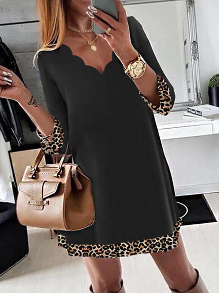V neck Leopard Loosen Casual Dresses, Black, Mini Dresses