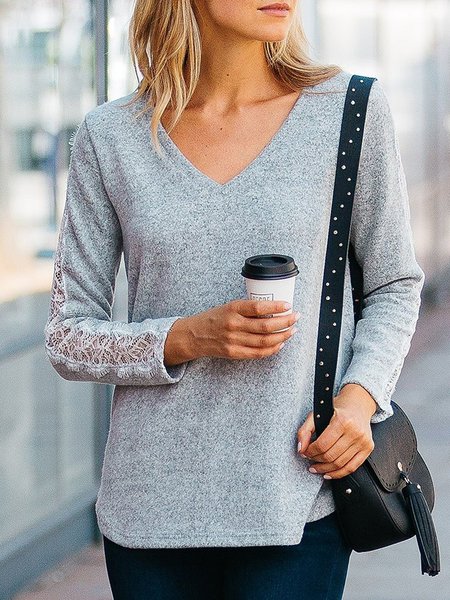 

Plain Lace Long Sleeves V Neck Plus Size Casual Tops, Gray, Tops