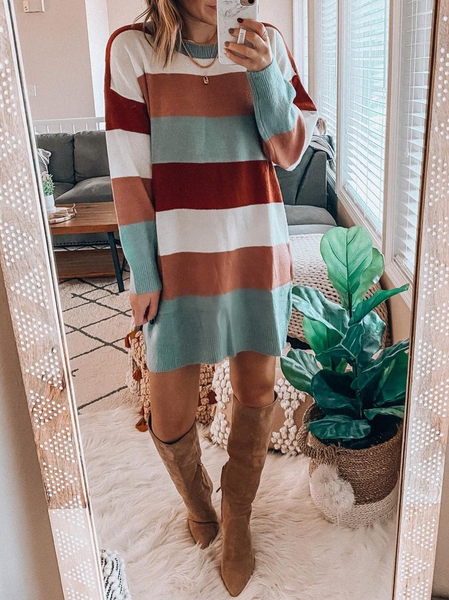 

Loosen Striped Casual Dresses, Multicolor, Mini Dresses