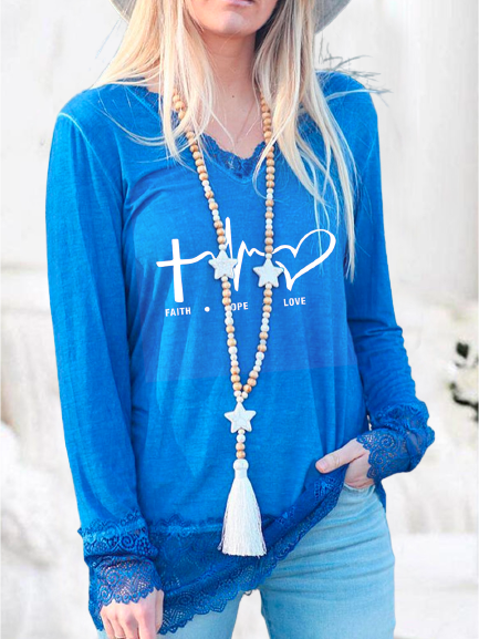 

Letter Crew Neck Casual Shirts & Tops, Blue, Blouses & Shirts