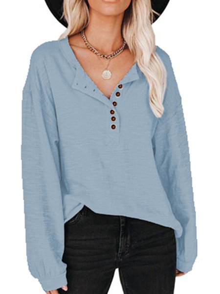 

Casual Cotton Blends Solid Tops, Blue gray, Tops