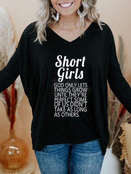 

Letters Printed Casual V Neck Loosen Long Sleeve Shirts & Tops, Black, Tops