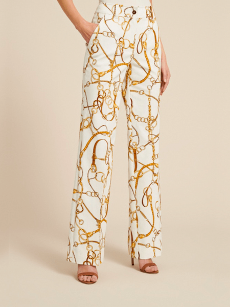 

Spring Printed Daily Mid-weight Straight Leg Zipper fly Pants, White, Wide Leg Pants
