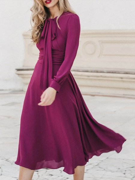 

Tie Neck Elegant Slim Fit Long Sleeve Dress, Rose red, Midi Dresses