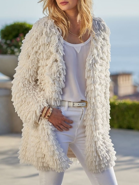 

Cotton Blends Casual Plain Outerwear, White, Outerwear