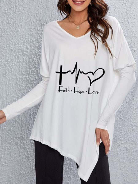 

Casual Long sleeve V Neck Plus Size Tops T-shirts, White, T-Shirts