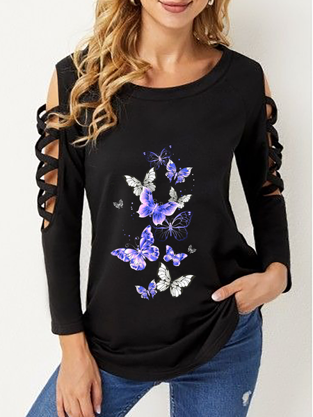 

Plus size Butterfly Printed Casual Shirts & Tops, Blue, T-Shirts
