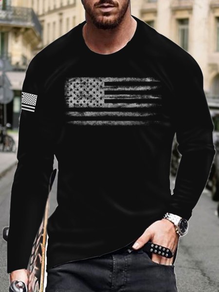 

Men's Cross American Flag Elements Graphic Print Round Neck Long Sleeve Tee, Black, T-shirt