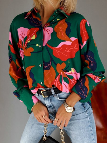 

Long Sleeve Floral Casual V Neck Tops, Multicolor, Tops
