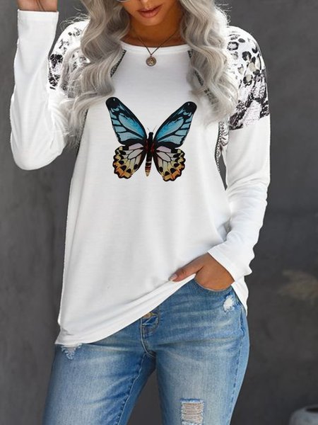 

Round Neck Loosen Butterfly Casual Tops, White, Tops