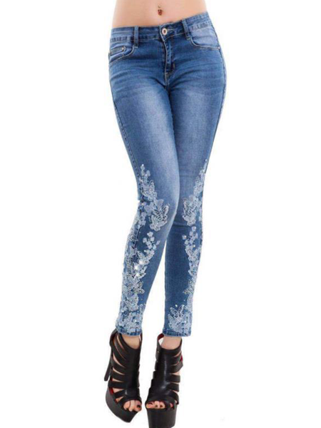 High elastic embroidered slim blue denim women's Jeans, Light blue, Jeans