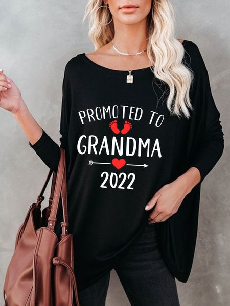 

Casual Letters Printed Round Neck Long Sleeve Loosen Shirts & Tops, Black, Tops