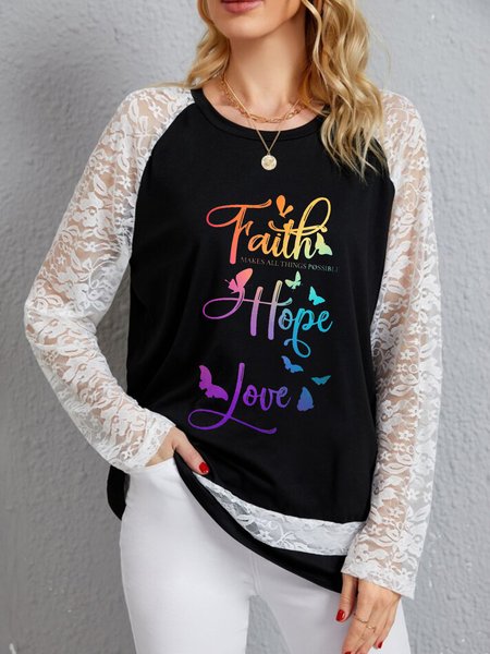 

Casual Long Sleeve Round Neck Plus Size Printed Tops T-shirts, Black, T-Shirts