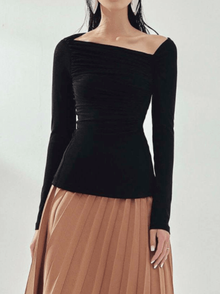 

Spring Simple Daily Asymmetrical Neck Long Sleeve Top, Black, Tees