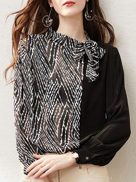 

Elegant Tie Neck Loosen Long Sleeve Top, Black, Blouses and Shirts
