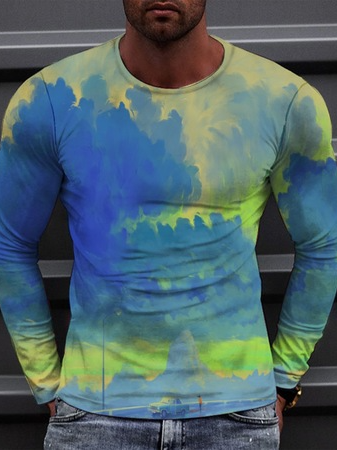 

3D digital printing Bisbiswas men's casual loose long-sleeved T-shirt, Blue, T-shirt