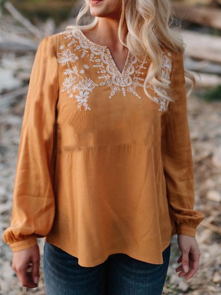 

Boho Loosen Embroidered Tribal V Neck Shirts & Tops, Brown, Tops