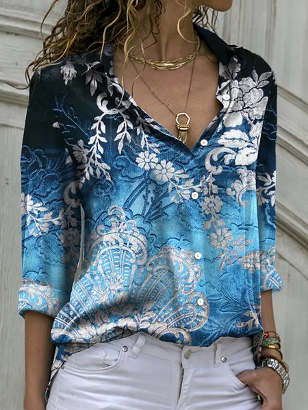 

Tribal Vacation Lapel Cotton Blends Shirts & Tops, Blue, Shirts & Blouses