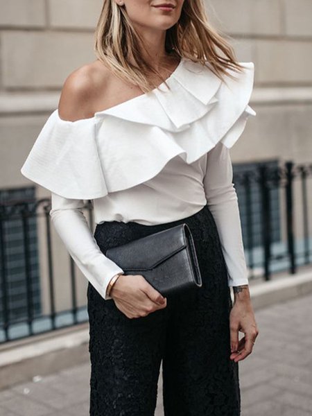 

Regular Fit Ruffle Collar Statement Top, White, Blouses and Shirts