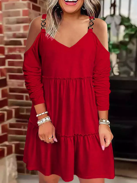 

V Neck Plain Casual Dresses, Red, Mini Dresses
