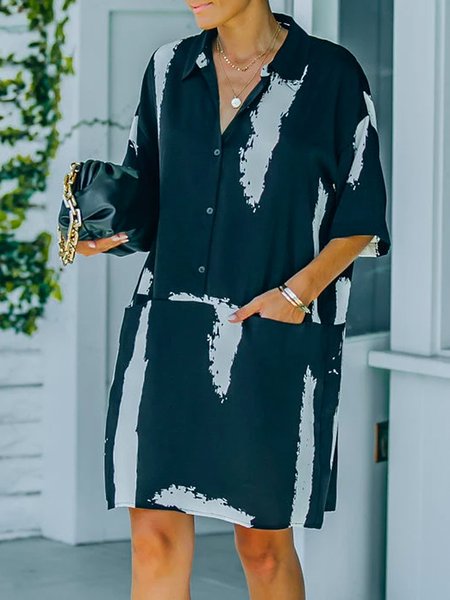 

Cotton Blends Shirt Collar Geometric Dresses, Black, Mini Dresses