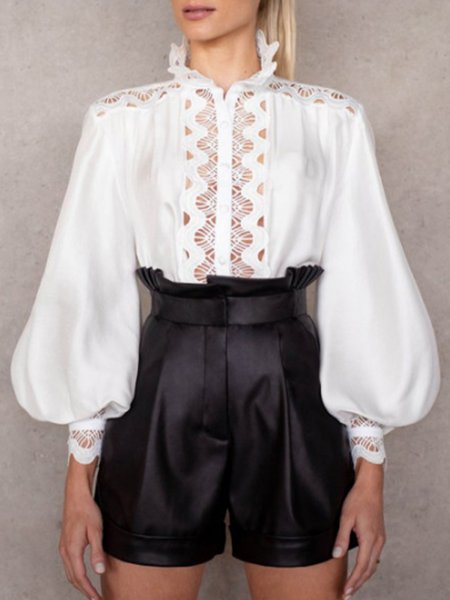 

Elegant Stand Collar Eyelet Solid Splicing Top, White, Blouses and Shirts