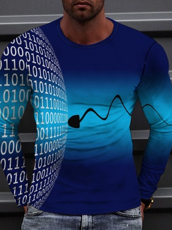 

3D digital printing technology sense casual loose long-sleeved T-shirt, Blue, T-shirt