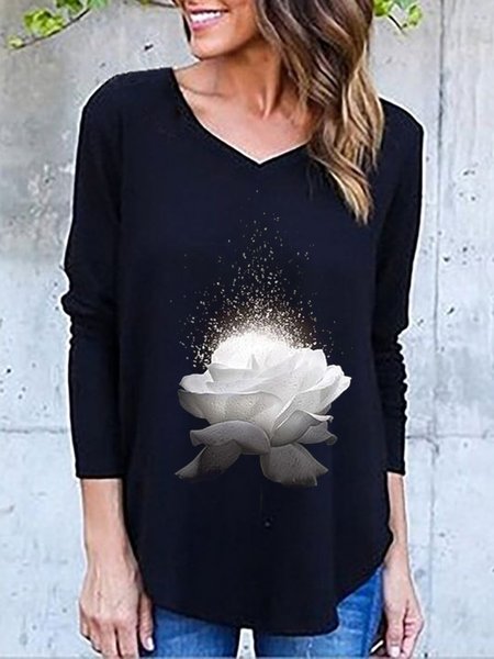

Casual Floral V Neck Long Sleeve Loosen Shirts & Tops, Black, Tops