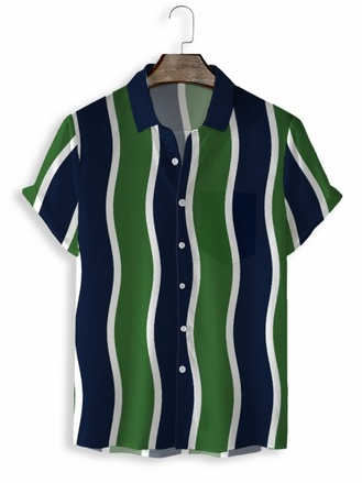 

3D digital printing striped navy blue men's casual loose shirt, Shirt