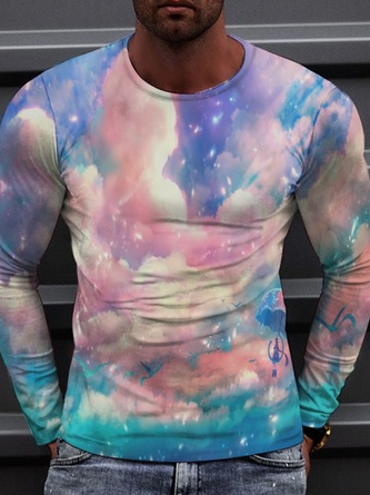 

3D Digital Printing Pink Sky Men's Casual Loose Long Sleeve T-shirt, T-shirt
