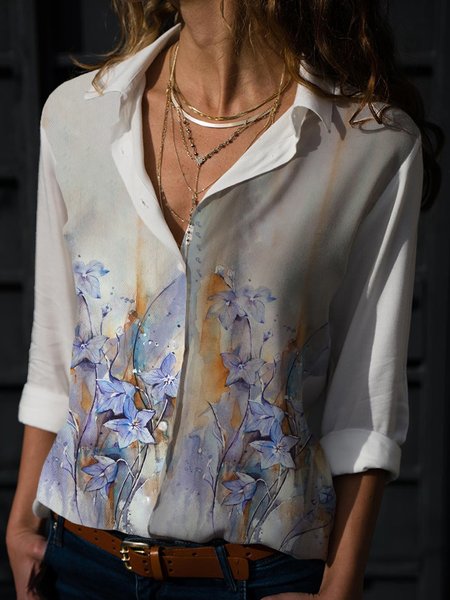 

Holiday Casual Floral Print Shirt Collar Long Sleeve Shirts, White, Blouses & Shirts