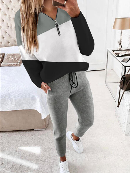 

Color Block Casual Plus Size Sweatshirts & Two-Piece Outfits Set, Gray, Suits