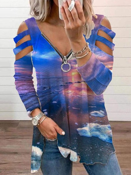 

Loosen Cute Cat Pattern Crew Neck Shirts & Tops, Blue, Tops