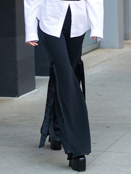 

Mid Waist Daily Plain Long Pants, Black, Wide Leg Pants