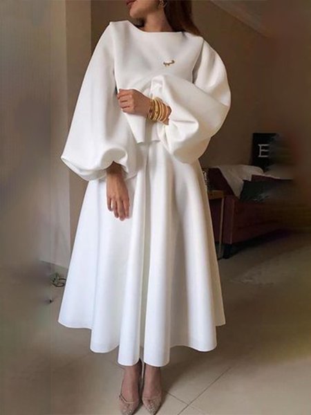 

Plain Regular Fit Simple Bishop Sleeve Suits Top With Skirt, White, Two-piece Set