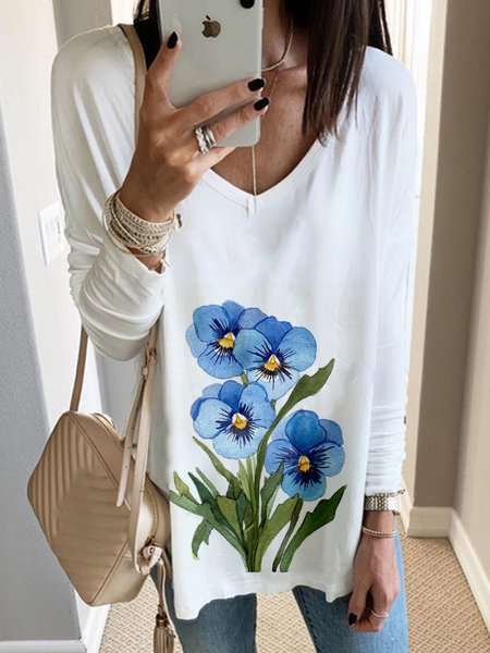

Floral V Neck Long Sleeve Loosen Casual Shirts & Tops, White, Tops