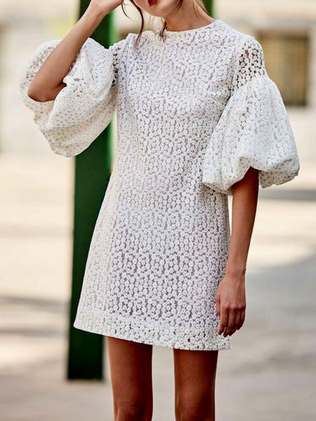 

Crew Neck Elegant Regular Fit Floral Mini Dress, White, Mini Dresses
