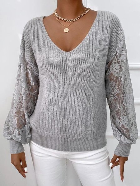 

Lace Long Sleeve Plain V Neck Casual Sweater, Gray, Knitwear & Sweaters