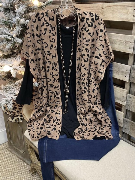 

Wool/Knitting Regular Fit Collarless Outerwear, Leopard, Outerwear