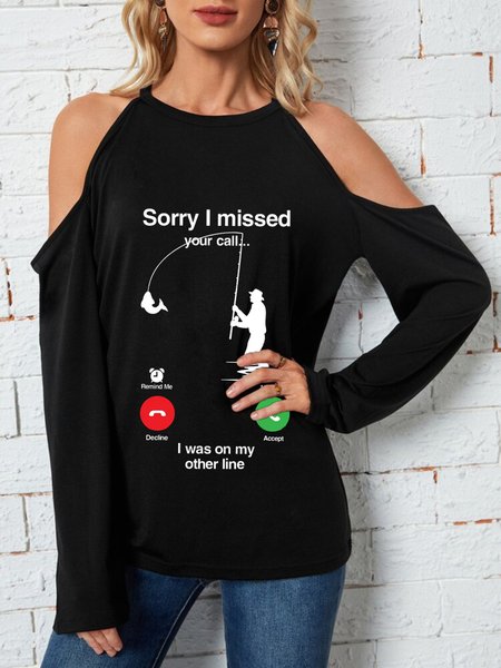 

Casual Long Sleeve Round Neck Plus Size Printed Tops T-shirts, Black, T-Shirts
