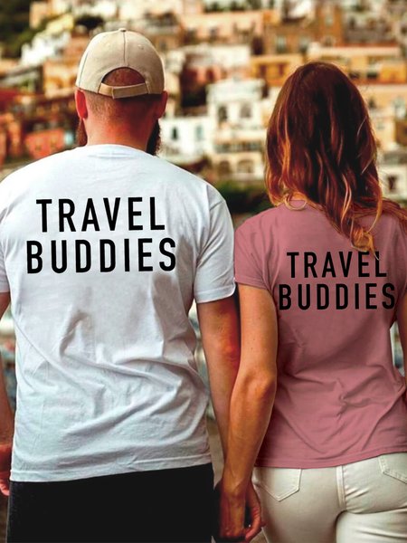

Travel Buddies Crew Neck Casual Couple T-Shirts, Pink, Couple T-shirts
