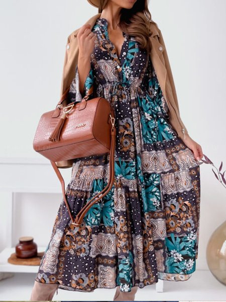 

New style flared-sleeve waist-waisted fancy dress, Multicolor, Midi Dresses
