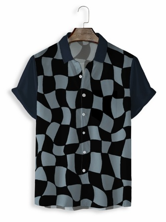 

3D digital printing geometric plaid men's casual loose shirt, Black, Shirt
