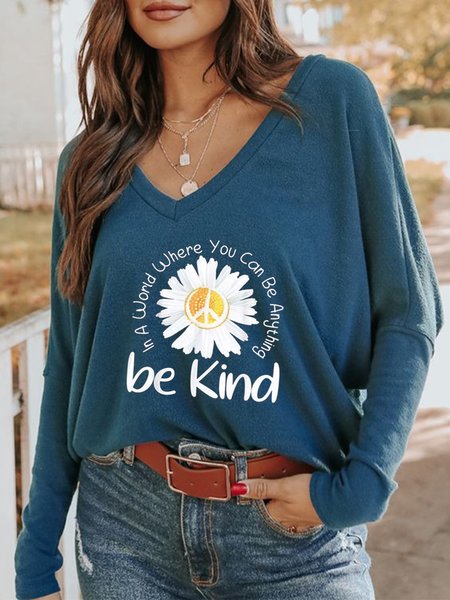 

Floral Printed V Neck Casual Loosen Shirts & Tops, Blue, Tops