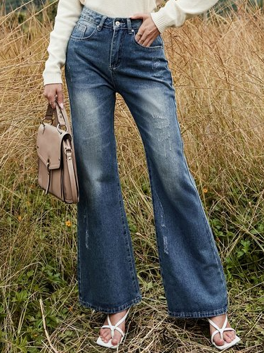 

Solid Casual Denim Pants, Blue, Jeans