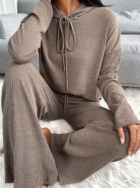 

Solid Casual Plus Size Sweatshirts & Two-Piece Outfits Set, Khaki, Suit Set
