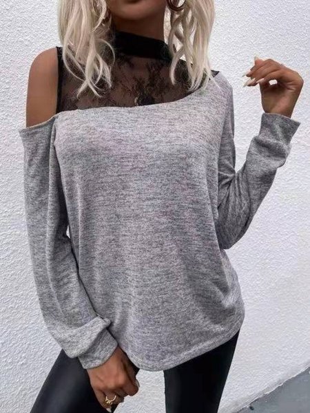 

Long Sleeve Round Neck Plus Size Tops T-shirts, Gray, T-Shirts
